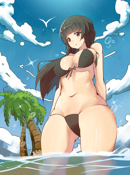 Anime picture 1400x1881 with original tigersaber single long hair tall image looking at viewer fringe breasts open mouth light erotic black hair red eyes large breasts standing sky cloud (clouds) outdoors wind bare belly from below