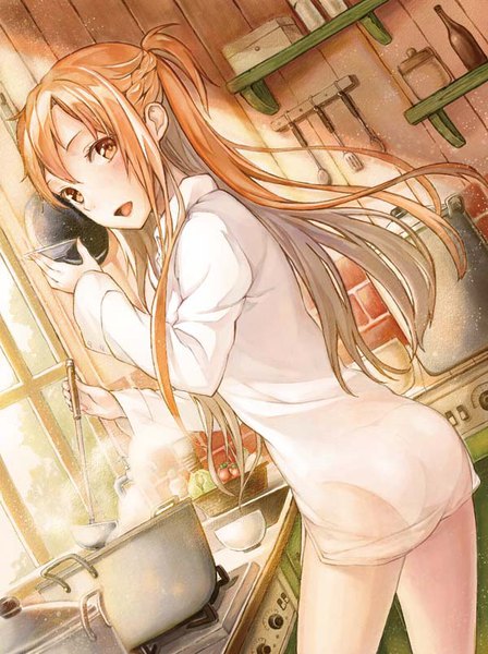 Anime picture 600x802 with sword art online a-1 pictures yuuki asuna pierorabu single long hair tall image looking at viewer blush fringe open mouth light erotic smile hair between eyes brown hair holding brown eyes payot indoors braid (braids)