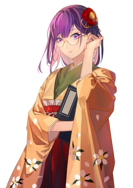 Anime picture 2480x3507 with touhou hieda no akyuu houraisan chouko single tall image highres short hair simple background white background purple eyes purple hair traditional clothes japanese clothes adjusting hair bespectacled girl hair ornament flower (flowers) glasses kanzashi