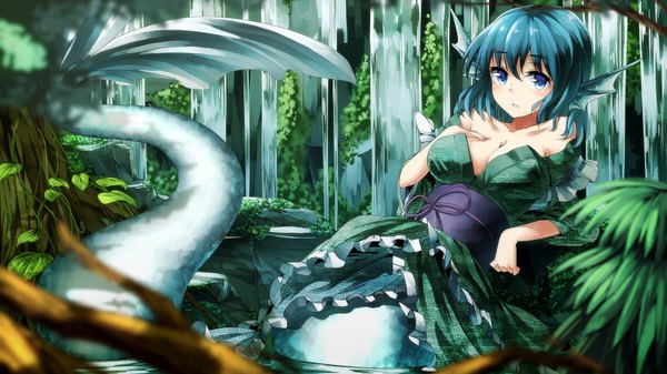 Anime picture 1920x1080 with touhou wakasagihime ibuki notsu single looking at viewer blush highres short hair breasts blue eyes wide image bare shoulders cleavage lying traditional clothes japanese clothes aqua hair depth of field wallpaper waterfall
