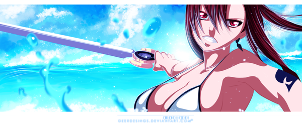 Anime picture 1600x655 with fairy tail erza scarlet igeerr single long hair light erotic red eyes wide image bare shoulders sky cloud (clouds) red hair armpit (armpits) tattoo grin coloring angry girl weapon earrings
