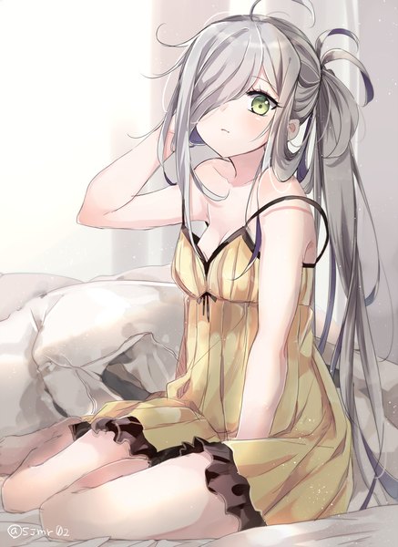 Anime picture 750x1028 with kantai collection asashimo (kantai collection) shijima (sjmr02) single long hair tall image looking at viewer blush fringe breasts light erotic simple background sitting bare shoulders green eyes signed cleavage silver hair ahoge bent knee (knees)