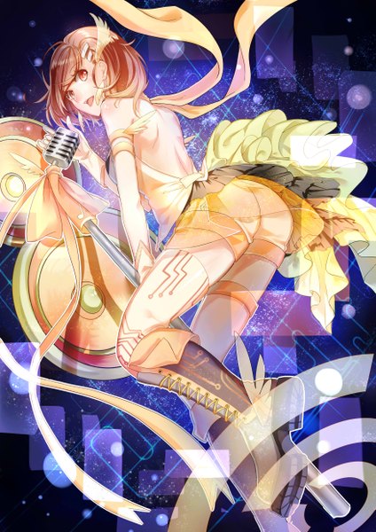 Anime picture 3507x4960 with original aer (tengqiu) single tall image fringe highres short hair open mouth red eyes brown hair bare shoulders absurdres looking back from above back lacing head wings singing girl dress