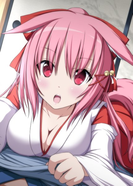 Anime picture 909x1269 with original nori tamago long hair tall image looking at viewer blush open mouth red eyes animal ears pink hair cleavage tail traditional clothes animal tail miko girl