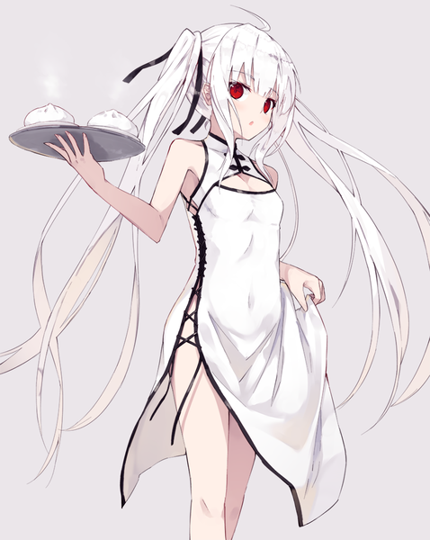 Anime picture 864x1083 with original nagishiro mito single tall image looking at viewer blush fringe breasts light erotic simple background red eyes standing twintails bare shoulders holding payot ahoge white hair very long hair traditional clothes