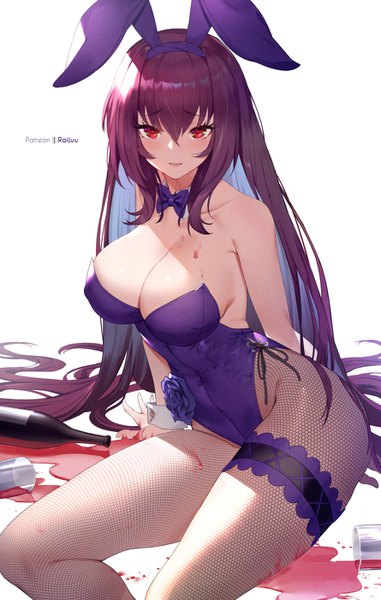 Anime picture 889x1400 with fate (series) fate/grand order scathach (fate) (all) scathach (fate) scathach (piercing bunny) (fate) raijuu (bakanara) single long hair tall image looking at viewer blush fringe breasts open mouth light erotic simple background hair between eyes red eyes large breasts white background