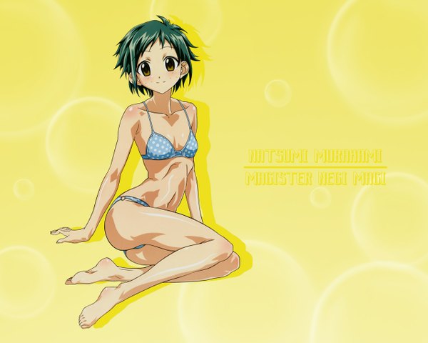 Anime picture 1280x1024 with mahou sensei negima! murakami natsumi single short hair light erotic smile brown eyes full body green hair inscription yellow background girl navel swimsuit bikini polka dot bikini