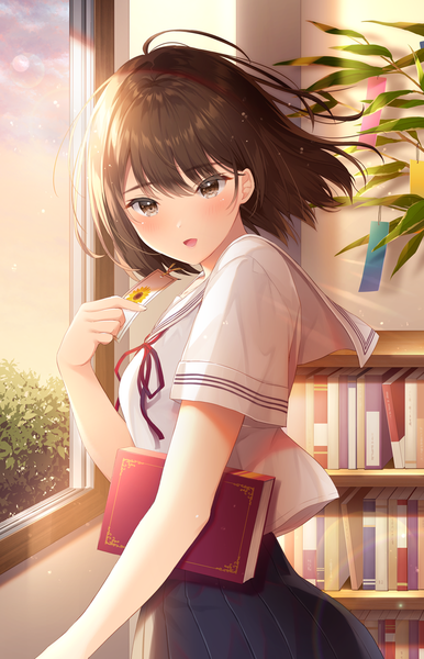 Anime picture 773x1200 with original noda shuha single tall image looking at viewer blush fringe short hair breasts open mouth hair between eyes brown hair standing holding brown eyes sky cloud (clouds) ahoge indoors pleated skirt