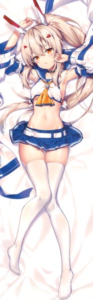 Anime picture 2327x7491 with azur lane ayanami (azur lane) riichu single long hair tall image looking at viewer blush fringe highres light erotic blonde hair hair between eyes full body lying parted lips head tilt scan wide sleeves bare belly