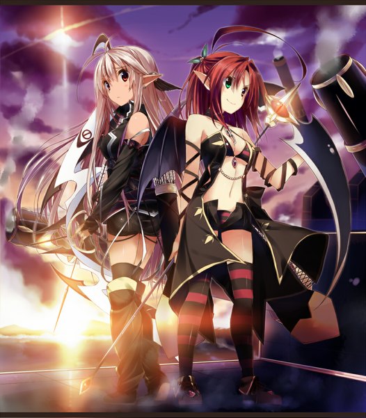 Anime picture 1000x1140 with original pixiv fantasia kuwashima rein long hair tall image short hair blonde hair red eyes multiple girls red hair pointy ears heterochromia evening sunset girl thighhighs navel weapon 2 girls wings