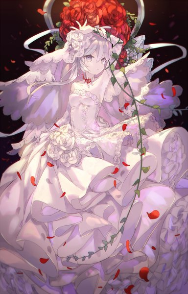 Anime picture 705x1100 with sinoalice snow white (sinoalice) mizumizu (phoenix) single long hair tall image looking at viewer fringe simple background hair between eyes standing bare shoulders cleavage silver hair arm up armpit (armpits) light dark background silver eyes girl