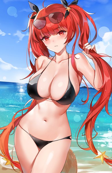Anime picture 1000x1537 with azur lane honolulu (azur lane) honolulu (summer accident?!) (azur lane) emyo single tall image looking at viewer blush fringe breasts light erotic red eyes large breasts standing twintails ahoge outdoors red hair blunt bangs very long hair