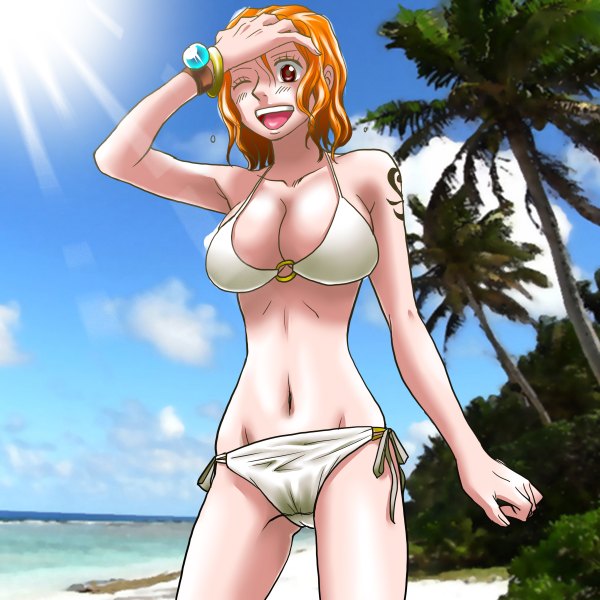 Anime picture 1200x1200 with one piece toei animation nami (one piece) single short hair breasts open mouth light erotic large breasts bare shoulders one eye closed wink orange hair orange eyes tattoo beach cameltoe girl navel swimsuit