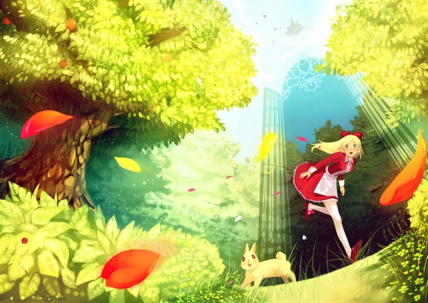 Anime picture 1300x919 with mameusagi blonde hair green eyes ribbon (ribbons) plant (plants) petals tree (trees) bunny