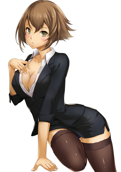 Anime picture 800x1131 with kantai collection mutsu battleship sakiyamama single tall image looking at viewer short hair breasts light erotic simple background brown hair white background yellow eyes cleavage office lady girl thighhighs skirt black thighhighs pencil skirt