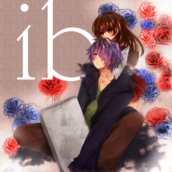 Anime picture 1000x1000 with ib (game) garry (ib) ib (ib) long hair blush fringe short hair open mouth red eyes brown hair purple hair hair over one eye inscription couple girl boy flower (flowers) rose (roses) coat blue rose
