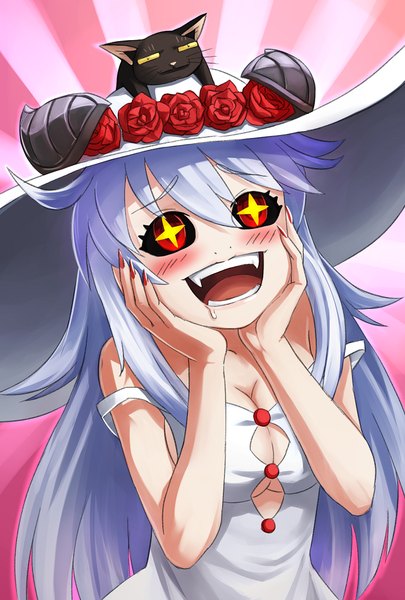 Anime picture 709x1049 with monster girl encyclopedia original lilim (monster girl encyclopedia) maritan (artist) long hair tall image blush breasts light erotic simple background red eyes blue hair cleavage nail polish horn (horns) fingernails teeth sparkle fang (fangs) strap slip