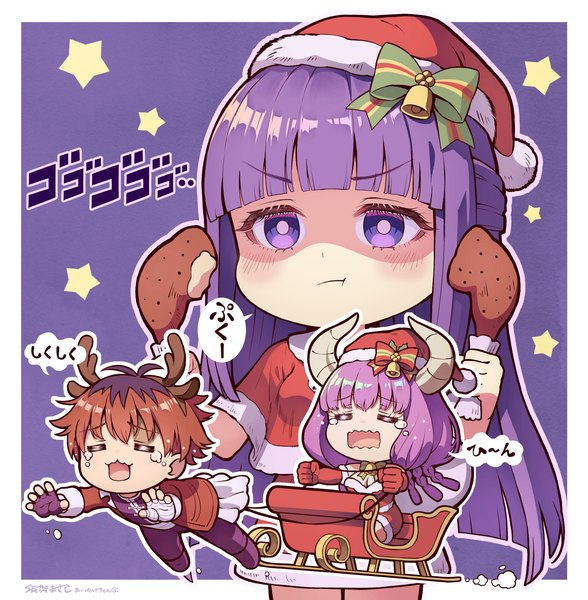 Anime picture 1649x1682 with sousou no frieren fern (sousou no frieren) stark (sousou no frieren) aura (sousou no frieren) suga masashi long hair tall image fringe short hair purple eyes multiple girls purple hair red hair blunt bangs eyes closed horn (horns) tears text border christmas