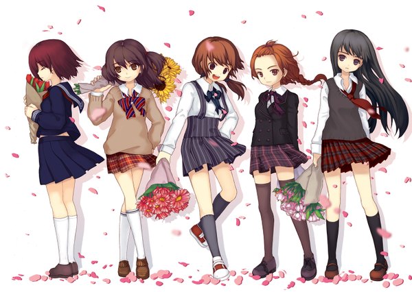 Anime picture 1500x1067 with juke long hair short hair open mouth black hair smile brown hair white background twintails multiple girls brown eyes red hair profile wind hand on hip single braid short twintails group girl thighhighs
