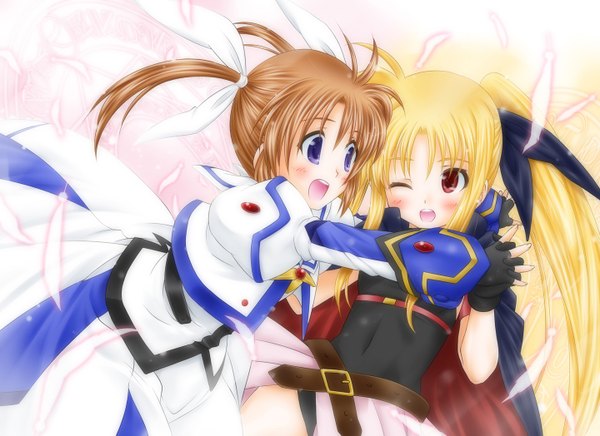 Anime picture 1440x1047 with mahou shoujo lyrical nanoha fate testarossa takamachi nanoha blue eyes blonde hair red eyes brown hair white background twintails multiple girls short twintails girl 2 girls