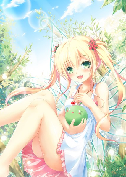 Anime picture 1000x1408 with original tiphereth single long hair tall image looking at viewer blush open mouth light erotic blonde hair twintails sky cloud (clouds) hair flower lens flare insect wings butterfly wings girl dress hair ornament