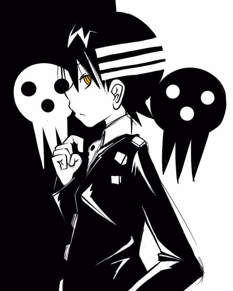 Anime picture 800x1000 with soul eater studio bones death the kid o2 single tall image looking at viewer fringe short hair white background yellow eyes profile multicolored hair two-tone hair streaked hair hand on hip black background monochrome boy