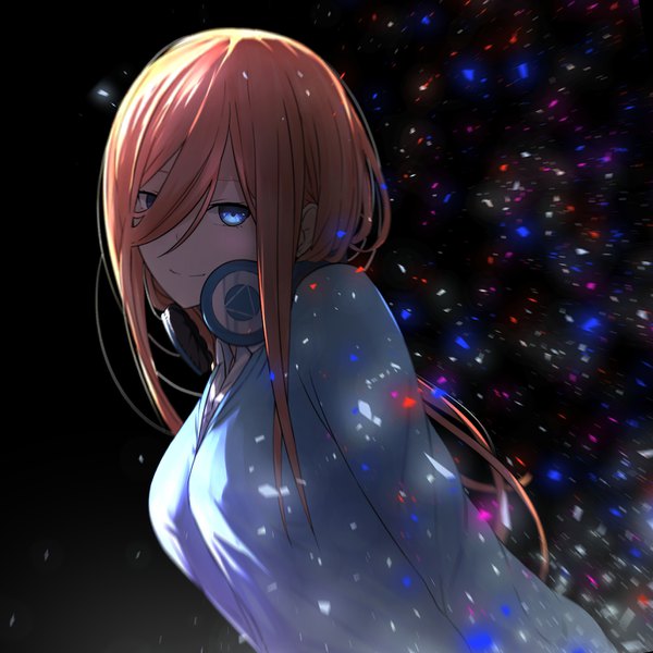 Anime picture 1378x1378 with go-toubun no hanayome nakano miku cosmicsnic single long hair looking at viewer fringe breasts blue eyes smile upper body long sleeves hair over one eye orange hair leaning leaning forward black background light headphones around neck girl