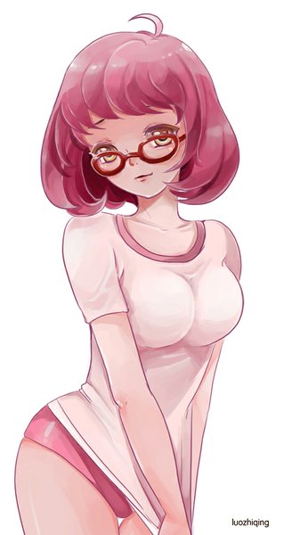 Anime picture 533x1000 with kyoukai no kanata kyoto animation kuriyama mirai glary single tall image looking at viewer fringe short hair breasts light erotic simple background standing white background green eyes pink hair lips girl underwear panties