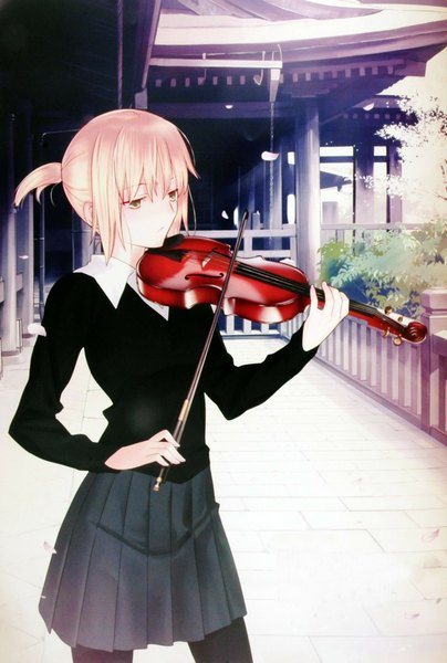 Anime picture 1585x2350 with original takeuchi takashi single tall image short hair blonde hair green eyes ponytail pleated skirt cherry blossoms girl skirt shirt petals pantyhose musical instrument violin japanese house