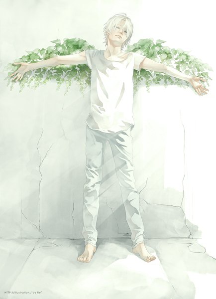 Anime picture 794x1098 with original re (artist) single tall image looking at viewer fringe short hair blue eyes standing signed ahoge white hair barefoot lips sunlight no shoes spread arms sunbeam boy plant (plants)