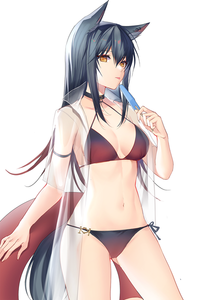 Anime picture 1000x1501 with arknights texas (arknights) kernel killer single long hair tall image looking at viewer fringe breasts light erotic black hair simple background standing white background holding animal ears yellow eyes payot bent knee (knees) tail