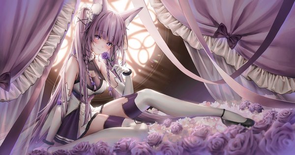 Anime picture 2500x1312 with virtual youtuber guild cq quon tama millet (milletneko) single looking at viewer blush fringe highres breasts wide image large breasts sitting purple eyes twintails holding animal ears cleavage purple hair full body