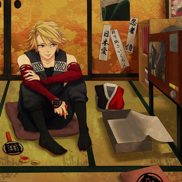 Anime picture 1488x1488 with tiger & bunny sunrise (studio) ivan karelin co2 ito (artist) single short hair blue eyes blonde hair smile sitting boy detached sleeves picture sliding doors tatami japanese house ninja fusuma