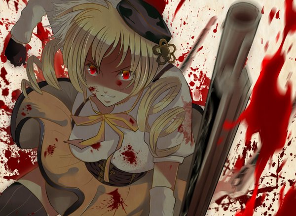 Anime picture 2480x1816 with mahou shoujo madoka magica shaft (studio) tomoe mami long hair highres blonde hair red eyes drill hair girl weapon hat gun blood rifle musket