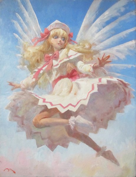Anime picture 1242x1614 with touhou lily white misawa hiroshi single long hair tall image blue eyes blonde hair looking away sky flying traditional media girl dress bow hat wings mantle