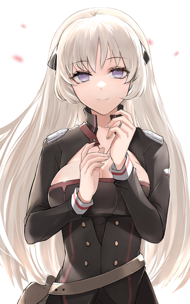 Anime picture 1000x1600 with girls frontline g3 (girls frontline) yu 416416 single long hair tall image looking at viewer fringe breasts simple background smile large breasts standing white background purple eyes payot cleavage upper body long sleeves grey hair