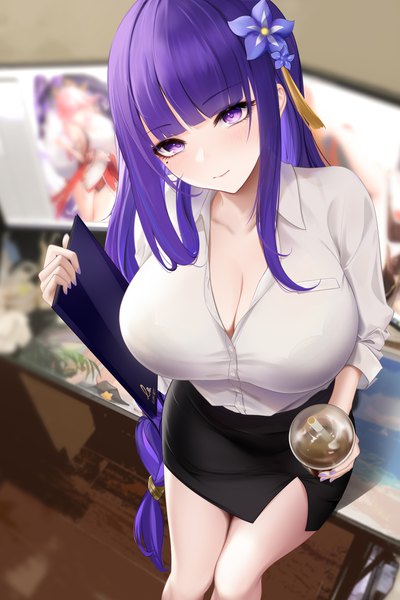 Anime picture 4000x6000 with genshin impact raiden shogun yae miko liu liaoliao single long hair tall image looking at viewer blush fringe highres breasts light erotic large breasts standing purple eyes holding absurdres cleavage purple hair