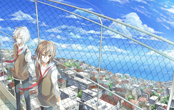 Anime picture 2187x1395 with original iya-chen highres short hair brown hair standing brown eyes sky cloud (clouds) white hair eyes closed wind multiple boys city cityscape open collar panorama boy uniform school uniform