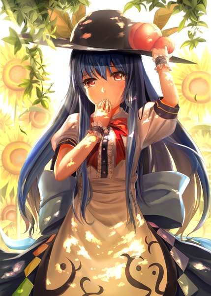 Anime picture 1144x1600 with touhou hinanawi tenshi rayxray single long hair tall image looking at viewer red eyes blue hair sunlight hand to mouth girl skirt flower (flowers) hat bowtie leaf (leaves) wrist cuffs fruit sunflower