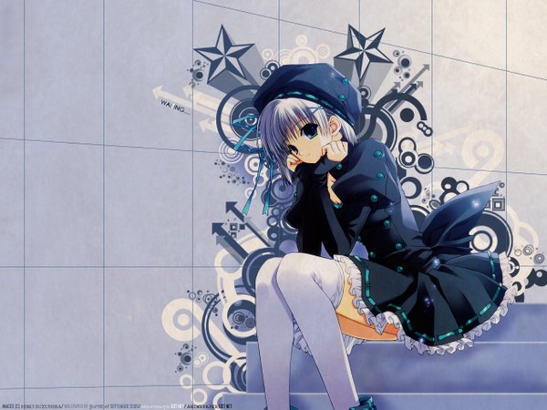 Anime picture 1280x960 with original suzuhira hiro single short hair blue eyes sitting blue hair looking away light smile girl thighhighs dress ribbon (ribbons) white thighhighs star (symbol) buttons