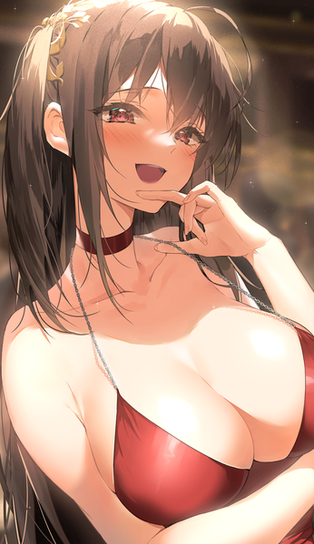 Anime picture 1000x1735 with azur lane taihou (azur lane) taihou (forbidden feast) (azur lane) ran s200 single long hair tall image looking at viewer blush fringe breasts open mouth light erotic black hair smile hair between eyes red eyes large breasts payot cleavage