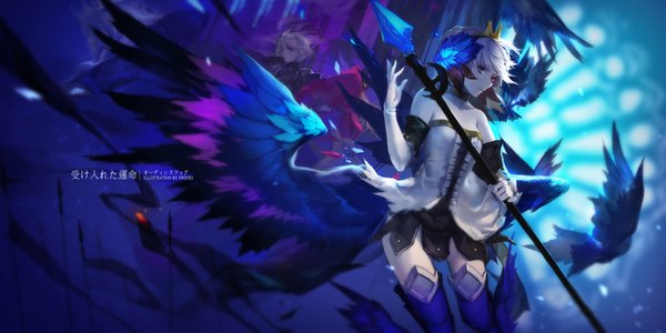 Anime picture 2126x1063 with odin sphere vanillaware gwendolyn velvet (odin sphere) oswald swd3e2 highres short hair blue eyes wide image looking away white hair inscription dark background girl dress hair ornament weapon detached sleeves wings