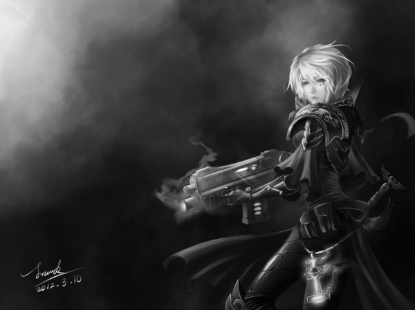 Anime picture 1336x1000 with warhammer 40k single fringe short hair silver hair grey eyes monochrome girl weapon armor assault rifle bolter