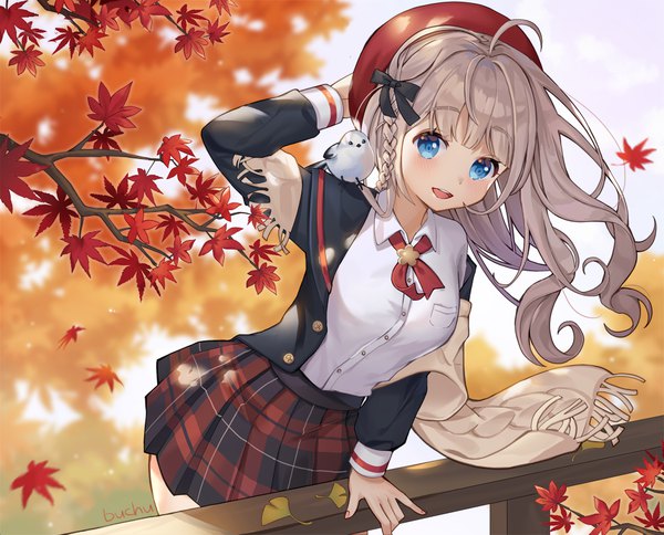 Anime picture 1000x807 with original buchu single long hair looking at viewer blush fringe open mouth blue eyes standing signed ahoge outdoors blunt bangs braid (braids) :d pleated skirt wind grey hair blurry