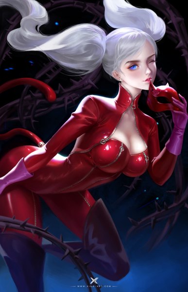 Anime picture 1200x1856 with persona 5 persona takamaki anne starlab single long hair tall image looking at viewer blue eyes twintails cleavage silver hair one eye closed wink girl gloves boots thigh boots bodysuit mask
