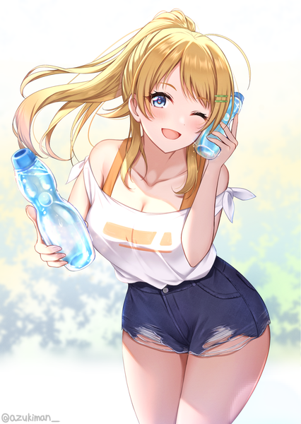 Anime picture 1350x1900 with idolmaster idolmaster shiny colors hachimiya meguru azukiman single long hair tall image looking at viewer blush fringe breasts open mouth blue eyes simple background blonde hair smile bare shoulders holding signed payot