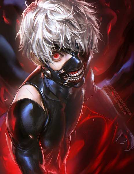 Anime picture 695x900 with tokyo ghoul studio pierrot kaneki ken sakimichan single tall image looking at viewer fringe short hair red eyes standing white hair from above hair over one eye realistic teeth glow boy mask zipper