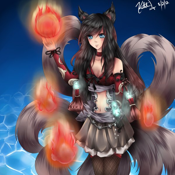Anime picture 2000x2000 with league of legends ahri (league of legends) lovable-yukiko single long hair looking at viewer blush highres blue eyes black hair animal ears tail magic multiple tails girl navel detached sleeves