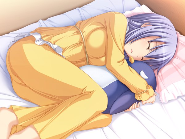 Anime picture 1024x768 with mirai nostalgia purple software kudou nono koku short hair blue hair game cg eyes closed sleeping girl pajamas
