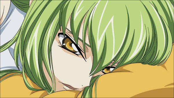 Anime picture 1155x650 with code geass sunrise (studio) c.c. cheese-kun morrow single long hair fringe open mouth wide image yellow eyes green hair looking down close-up girl